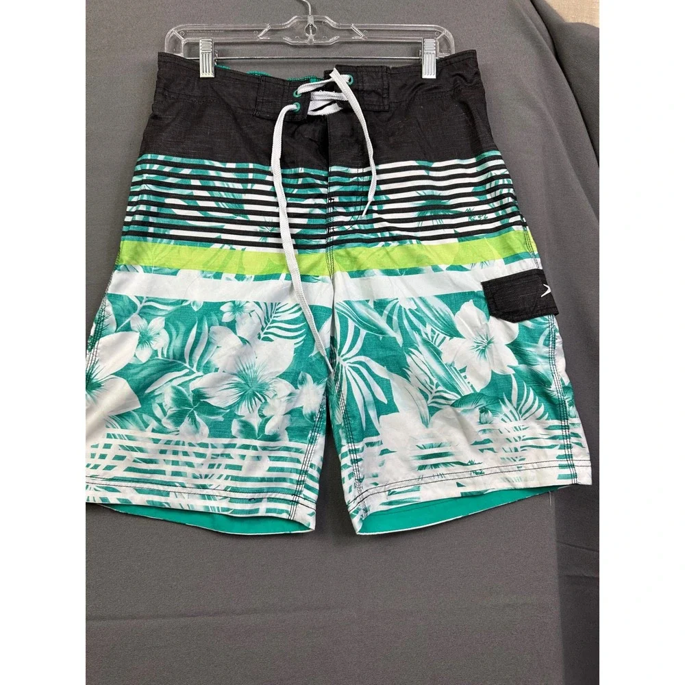 Speedo Men Tropical Floral Striped Board Shorts Teal Green Black Swim‎ Trunks 30